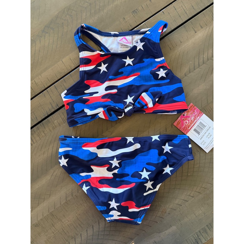 Childs Patriotic Stars Camo Bikini Top Red White Blue Knot Front Racerback